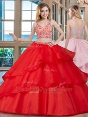 Affordable Red Two Pieces Organza V-neck Sleeveless Beading With Train Zipper Sweet 16 Dress Brush Train