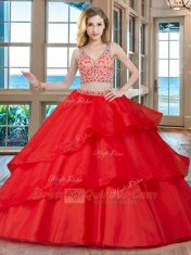 Affordable Red Two Pieces Organza V-neck Sleeveless Beading With Train Zipper Sweet 16 Dress Brush Train