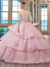 Affordable Red Two Pieces Organza V-neck Sleeveless Beading With Train Zipper Sweet 16 Dress Brush Train