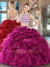New Style Fuchsia Organza Backless Scoop Sleeveless Floor Length 15 Quinceanera Dress Beading and Ruffles and Pick Ups