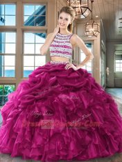 New Style Fuchsia Organza Backless Scoop Sleeveless Floor Length 15 Quinceanera Dress Beading and Ruffles and Pick Ups
