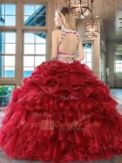 New Style Fuchsia Organza Backless Scoop Sleeveless Floor Length 15 Quinceanera Dress Beading and Ruffles and Pick Ups