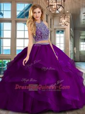 Scoop Backless Purple Sleeveless Beading and Ruffles Floor Length Quinceanera Dresses