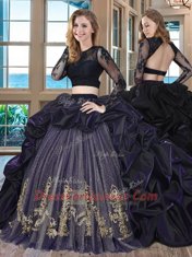 Stunning Scoop Long Sleeves With Train Embroidery and Pick Ups Backless 15th Birthday Dress with Purple Brush Train