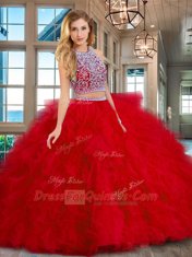 Scoop Sleeveless Backless Quinceanera Dress Red Tulle
