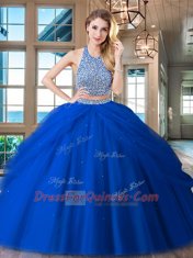 Customized Halter Top Backless Tulle Sleeveless Floor Length Quinceanera Dresses and Beading and Pick Ups