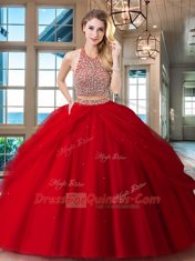 Customized Halter Top Backless Tulle Sleeveless Floor Length Quinceanera Dresses and Beading and Pick Ups