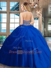 Customized Halter Top Backless Tulle Sleeveless Floor Length Quinceanera Dresses and Beading and Pick Ups