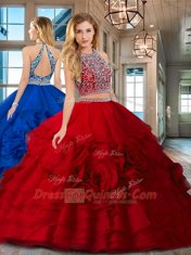 Red Quinceanera Dress Military Ball and Sweet 16 and Quinceanera and For with Beading and Ruffles Scoop Sleeveless Backless