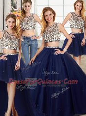 Fantastic Four Piece Navy Blue Tulle Backless Scoop Cap Sleeves With Train Sweet 16 Quinceanera Dress Brush Train Beading