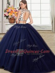 Fantastic Four Piece Navy Blue Tulle Backless Scoop Cap Sleeves With Train Sweet 16 Quinceanera Dress Brush Train Beading