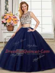 Fantastic Four Piece Navy Blue Tulle Backless Scoop Cap Sleeves With Train Sweet 16 Quinceanera Dress Brush Train Beading