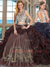 Fitting Scoop Cap Sleeves Organza and Tulle With Brush Train Backless Sweet 16 Dress in Burgundy with Beading and Embroidery and Pick Ups