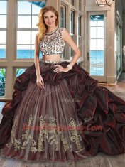 Fitting Scoop Cap Sleeves Organza and Tulle With Brush Train Backless Sweet 16 Dress in Burgundy with Beading and Embroidery and Pick Ups