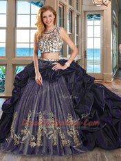 Fitting Scoop Cap Sleeves Organza and Tulle With Brush Train Backless Sweet 16 Dress in Burgundy with Beading and Embroidery and Pick Ups