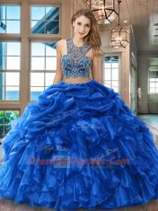 Elegant Scoop Royal Blue Two Pieces Beading and Ruffles and Pick Ups Quinceanera Gowns Criss Cross Organza Sleeveless Floor Length