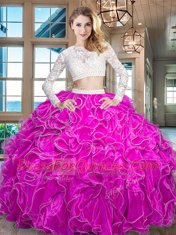Captivating Scoop Long Sleeves Organza Quinceanera Dress Beading and Lace and Ruffles Zipper