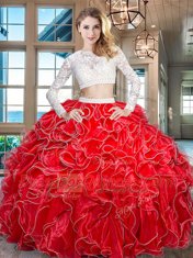 Scoop Red Long Sleeves Floor Length Beading and Lace and Ruffles Zipper 15 Quinceanera Dress