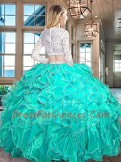 Scoop Red Long Sleeves Floor Length Beading and Lace and Ruffles Zipper 15 Quinceanera Dress