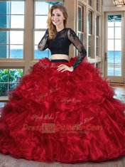 Backless Scoop Long Sleeves Quince Ball Gowns Floor Length Ruffles Black and Red Organza
