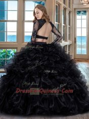 Backless Scoop Long Sleeves Quince Ball Gowns Floor Length Ruffles Black and Red Organza