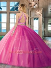 Nice Watermelon Red Two Pieces Scoop Sleeveless Tulle Floor Length Backless Beading 15th Birthday Dress