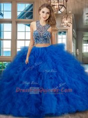 Criss Cross Scoop Sleeveless Sweet 16 Dresses With Brush Train Beading and Ruffles Red Tulle