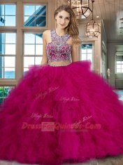 Criss Cross Scoop Sleeveless Sweet 16 Dresses With Brush Train Beading and Ruffles Red Tulle