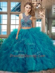 Criss Cross Scoop Sleeveless Sweet 16 Dresses With Brush Train Beading and Ruffles Red Tulle