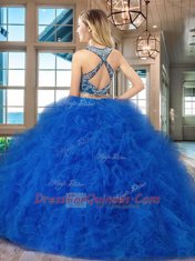 Criss Cross Scoop Sleeveless Sweet 16 Dresses With Brush Train Beading and Ruffles Red Tulle