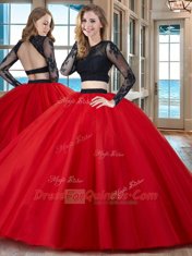 Extravagant Scoop Floor Length Two Pieces Long Sleeves Red 15th Birthday Dress Backless
