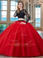 Extravagant Scoop Floor Length Two Pieces Long Sleeves Red 15th Birthday Dress Backless