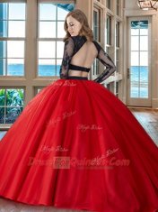 Extravagant Scoop Floor Length Two Pieces Long Sleeves Red 15th Birthday Dress Backless
