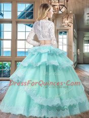 Modest Apple Green Tulle and Lace Zipper Scoop Long Sleeves Floor Length Ball Gown Prom Dress Beading and Lace and Ruffled Layers
