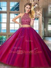 Adorable Halter Top Backless 15 Quinceanera Dress Fuchsia for Military Ball and Sweet 16 and Quinceanera with Beading Brush Train
