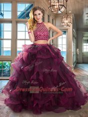 Fashionable Halter Top Sleeveless Tulle Brush Train Backless Quince Ball Gowns in Dark Purple with Beading and Ruffles