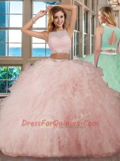 Scoop Floor Length Backless Quinceanera Dress Pink for Military Ball and Sweet 16 and Quinceanera with Beading and Ruffles