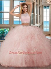Scoop Floor Length Backless Quinceanera Dress Pink for Military Ball and Sweet 16 and Quinceanera with Beading and Ruffles