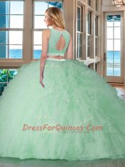 Scoop Floor Length Backless Quinceanera Dress Pink for Military Ball and Sweet 16 and Quinceanera with Beading and Ruffles