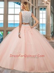 Top Selling Apple Green Two Pieces Bateau Sleeveless Tulle Floor Length Side Zipper Beading and Appliques Quinceanera Gowns