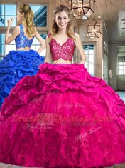 Fuchsia Quinceanera Gowns Taffeta and Tulle Brush Train Sleeveless Lace and Ruffles and Pick Ups