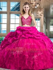 Fuchsia Quinceanera Gowns Taffeta and Tulle Brush Train Sleeveless Lace and Ruffles and Pick Ups