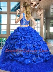 Fuchsia Quinceanera Gowns Taffeta and Tulle Brush Train Sleeveless Lace and Ruffles and Pick Ups