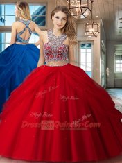 Low Price Red Tulle Criss Cross Scoop Sleeveless Floor Length Quince Ball Gowns Beading and Pick Ups