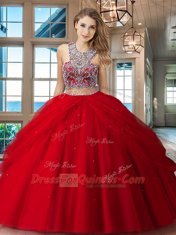 Low Price Red Tulle Criss Cross Scoop Sleeveless Floor Length Quince Ball Gowns Beading and Pick Ups