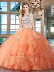 Cute Scoop Backless Orange Sleeveless Brush Train Beading and Ruffles With Train Sweet 16 Dresses