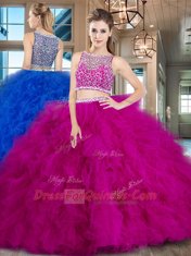 Nice Fuchsia 15 Quinceanera Dress Military Ball and Sweet 16 and Quinceanera and For with Beading and Ruffles Bateau Sleeveless Brush Train Side Zipper