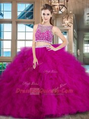 Nice Fuchsia 15 Quinceanera Dress Military Ball and Sweet 16 and Quinceanera and For with Beading and Ruffles Bateau Sleeveless Brush Train Side Zipper