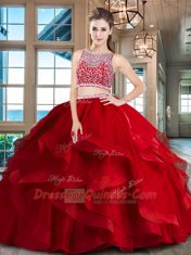 Elegant Floor Length Two Pieces Sleeveless Red Sweet 16 Quinceanera Dress Side Zipper