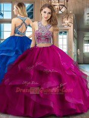 Extravagant Scoop Sleeveless With Train Beading and Ruffles Criss Cross Quinceanera Gowns with Fuchsia Brush Train